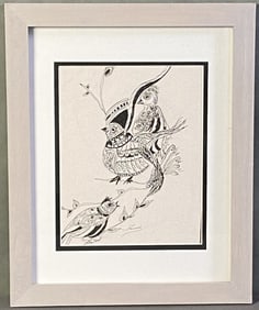 Pen & Ink Drawing of Quail Signed Farrell Black ink drawing of three quail in frame, signed Farrell