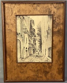 Pirates Alley Pen and Ink Drawing Signed Pen and ink drawing attached to wood frame, no glass.
