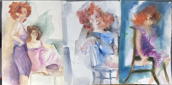 Red Headed Woman Watercolor Paintings Set of 3 Three watercolor paintings on board, featuring a red