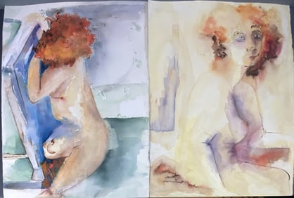 Red Headed Woman Nude Watercolor Paintings Two unsigned original oil paintings of a nude red headed