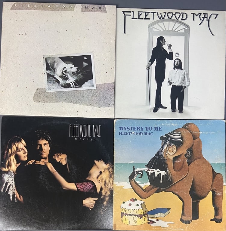 Fleetwood Mac Vinyl Records Set of Four Tusk, Warner Brothers 2HS 3350, 1979. Two record set.: Tusk, Warner Brothers 2HS 3350, 1979. Two record set. Mystery to Me, Warner Brothers MS 2153, 1973, gatefold. Fleetwood Mac self titled album, Warner Brothers MS 2225, 1975. Mirage, Warner Brothers 23
