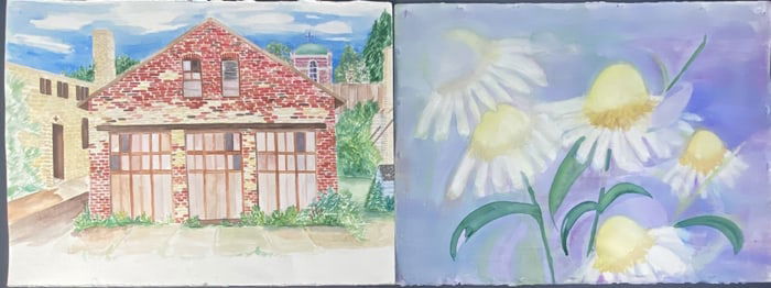 Watercolor Paintings Daisies & Brick House Two original unsigned watercolor paintings on parchment