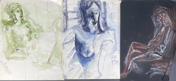 Watercolor & Pastel Nude Paintings Set of 3 Three unsigned nudes made of watercolor paint & pastel