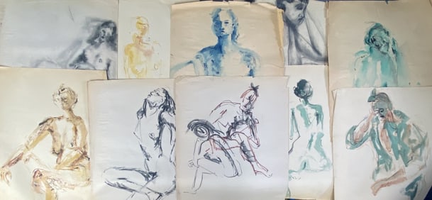 10 Mixed Media Nudes on Newsprint Ten nudes composed of watercolor, marker, pastel crayon, and