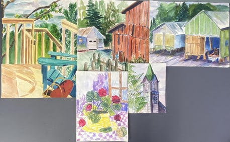 Watercolor Landscape Paintings Set of Five Five landscape watercolor paintings featuring a church,