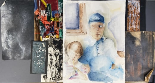 Mixed Media Face & Figures Artwork Set of seven drawings and paintings of faces and figures in