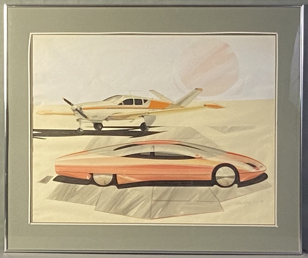 Car & Plane Concept Art Allen Young Signed Pencil & watercolor art piece featuring a high concept: Pencil & watercolor art piece featuring a high concept sports car and airplane. Signed in pencil and dated 5/6/84. Artwork with mat and frame is 30 X 25 inches in size.