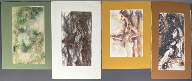 Four Pastel Crayon & Pen and Ink Nudes Four drawings, three nudes and one abstract, made of pen and