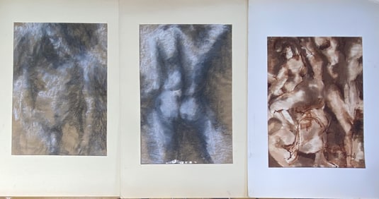 Pastel Crayon Nude Drawings Signed Set of 3 Two nudes in brown and grey pastel crayon and one in