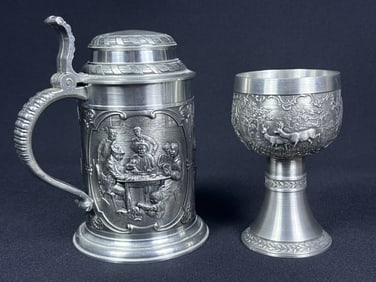 SKS Zion German Pewter Stein & Goblet 5 inch Goblet with Deer Motif and 6.5 inch stein.