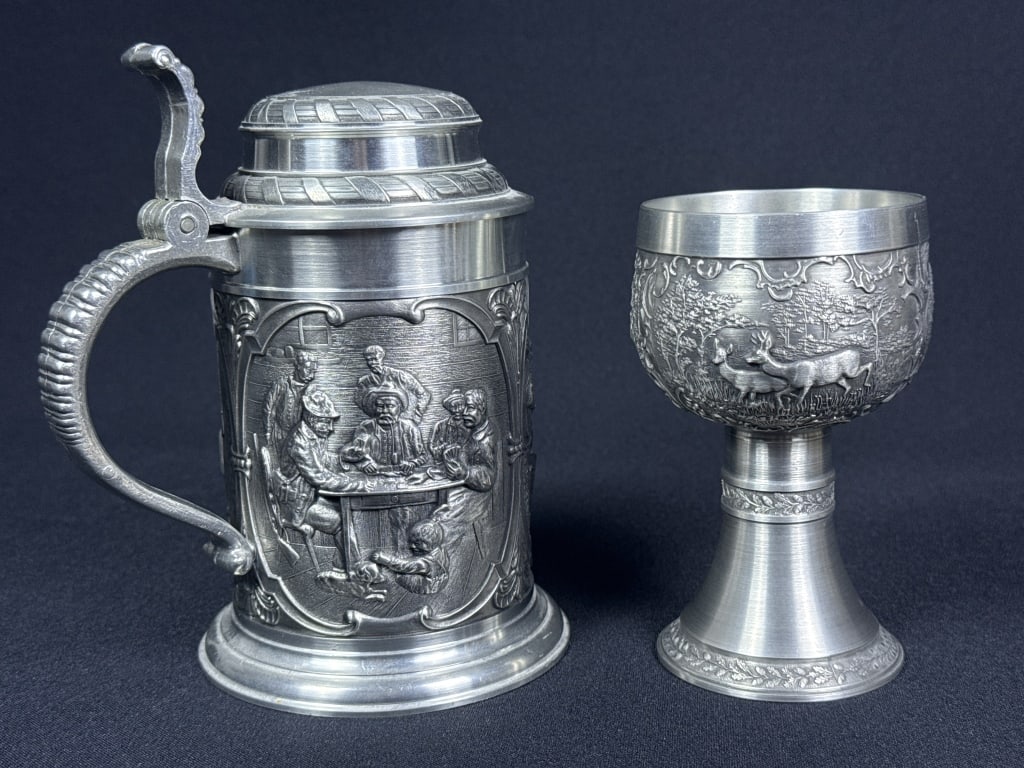 SKS Zion German Pewter Stein & Goblet 5 inch Goblet with Deer Motif and 6.5 inch stein. (1 of 6)