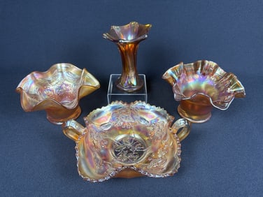 Collection of Orange Carnival Glass Vase 5 inches tall, 2 bowls 3.5 x 6 inches and dish 2.5 c 7