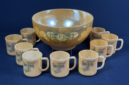 Vintage Fire King Tom & Jerry Punch Bowl Set Bowl measures 10 x 5 inches. Mugs 2.5 x 3 inches.