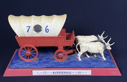 1976 Bicentennial Covered Wagon & Oxen Model 17.5 x 9 x 8 inches. Scuffs, scratches and dust over