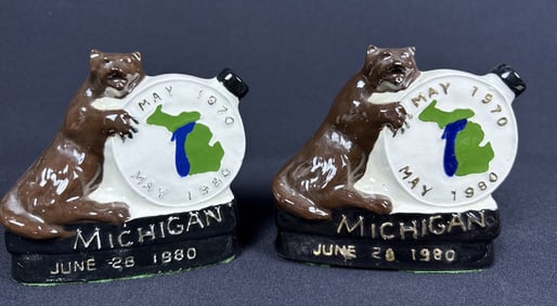 Vintage Michigan Wolverine Ceramic Figurines "Wolverine 10th Birthday" figures. 4 inches tall by 4