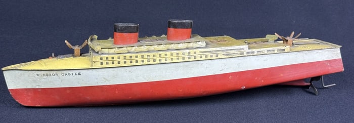 Vintage Tin Toy Ship Windsor Castle 16 inches long by 4 inches wide by 3.5 inches tall. Tarnish and
