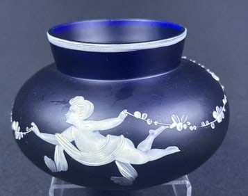 Vintage Blue Art Glass Bowl Cherub Motiff 3.5 inches tall by 5 inches wide. Some scuffs and