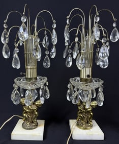 Vintage Pair Cherub Waterfall Crystal Table Lamps 18 inches tall by 7 inches wide. Working. Some