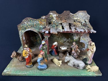 Vintage Ceramic Nativity Set West Germany Cow missing one horn. One sheep missing front foot.