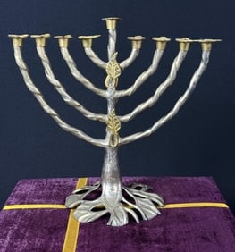 Fred Spinowitz Judaica Tree Branch Menorah Brass and Silver 9 x 10 inches. With case 11 x 5 x 11