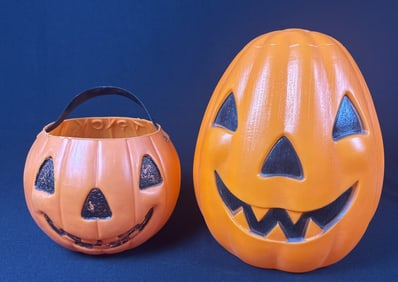 Vintage Halloween Blow Molds Empire Renzi Trick or treat pumpkin by Renzi measures approximately 8 x