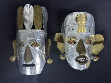 Vintage Mexican Tin Decorative Masks 5 x 7.5 inches and 6 x 6 inches. Some bends, small dents and