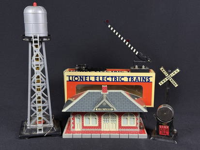 Vintage Electric Train Accessories Marx Lionel O Lionel Automatic Crossing Gate, Marx Mar Line Tin: Lionel Automatic Crossing Gate, Marx Mar Line Tin Crossing Signal, Marx Girard Station and Marx Bubbling Water Tower. Untested. See photos for condition details. 20 x 11 x 5 inches total lot size.