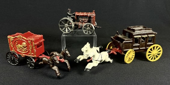Vintage Cast Iron Toys Tractor Stagecoach Circus No makers marks. Some paint chips and bending. See
