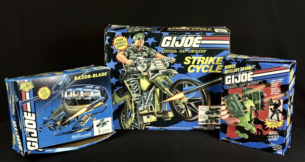 G.I. Joe Strike Cycle Razor-Blade Mobile Artillery Hall of Fame Mobile Artillery Assault unopened.: Hall of Fame Mobile Artillery Assault unopened. Hall of Fame Strike Cycle opened box otherwise unused. Battle Corps Razor-Blade cut open box partially assembled. See photos for condition details. Tota