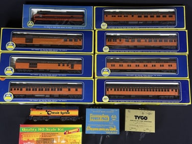 AHM HO Scale Train Lot Milwaukee Road Engine and seven cars, 2 transformers, Chessie System Engine