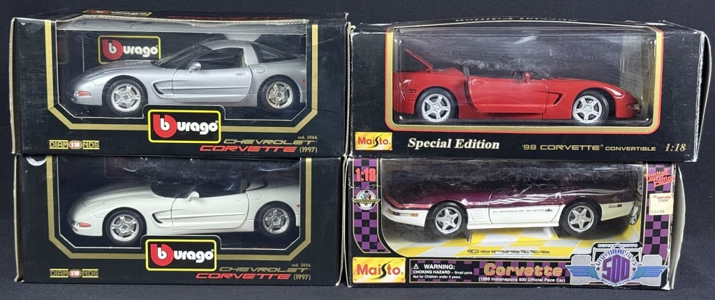 Diecast Corvette 1:18 Scale Lot of 4 Cars Maisto 95 Pace Car and 98 convertible. Burago 1997: Maisto 95 Pace Car and 98 convertible. Burago 1997 convertible and hardtop. In original boxes. May have been previously opened. Some wear overall see photos for details. 9 x 12 x 14 inches approximate