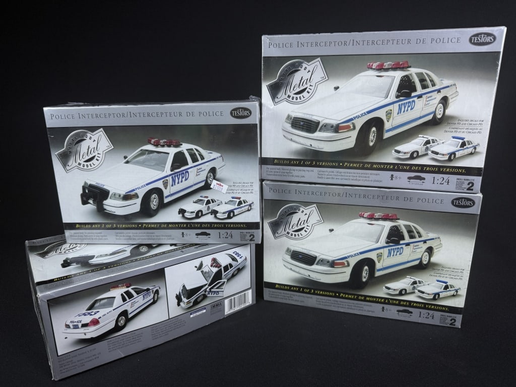 Testors Metal Model Kit 215 Police Interceptor Lot 1:24 scale. Four kits, three sealed and 1 opened (1 of 4)