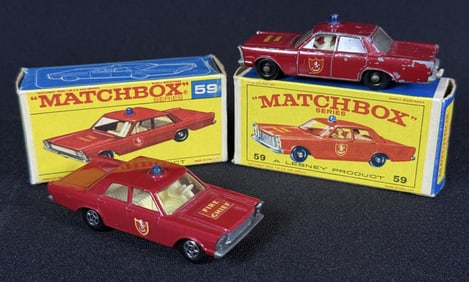 2 Lesney Matchbox 59 Fire Chief Car Ford Galaxie With original boxes. 59 and 55/59 Some playwear on