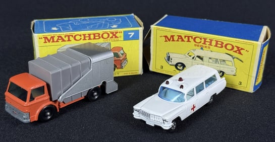 Lesney Matchbox 3 Binz Ambulance 7 Refuse Truck With original boxes. Some wear on boxes. Some light