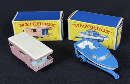 Lesney Matchbox 9 Cabin Cruiser 23 Trailer Caravan With original boxes. Some light lay wear on each,