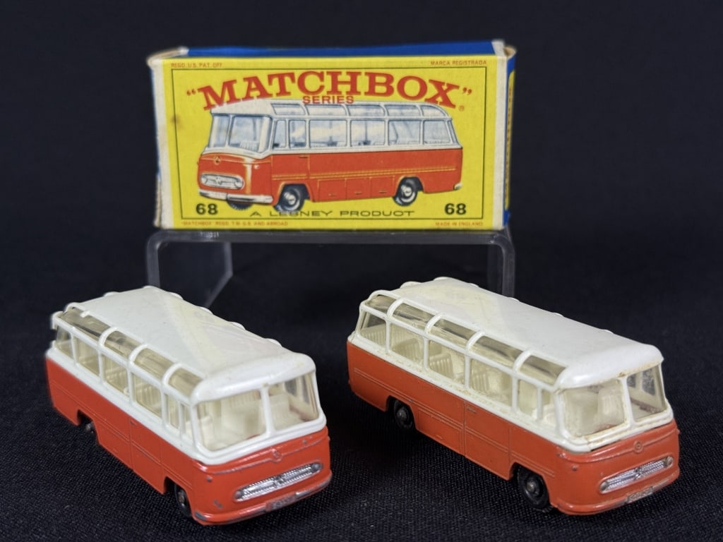 2 Lesney Matchbox 68 Mercedes Coach One has original boxes. Some playwear on each see photos for (1 of 7)