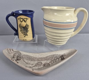Assorted Vintage Pottery Lot Mug Pitcher & Tray Pitcher has chips around rim and some crazing. Chip