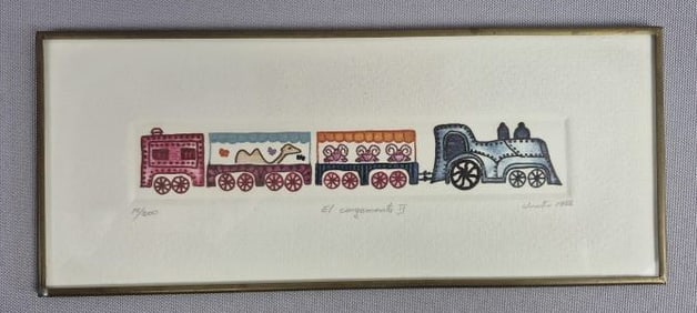 Signed 1988 Framed Train Art El Cargamento II 13/300 Measures 8 x 3 inches. Signature illegible