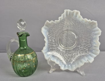 Vintage Hand Painted Green Glass Cruet with Stopper & Opalescent Ruffled Edge Dish