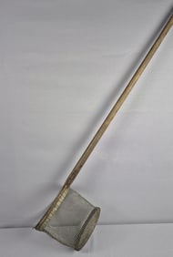 Antique Metal & Wood Fishing Net Basket Basket measures 9 x 8 inches. Pole measures 47 inches long.