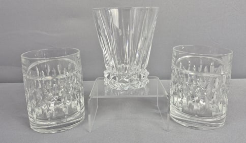 3 Crystal Whiskey Glasses Ralph Lauren Two glasses signed Ralph Lauren and one signed Oleg Cassini.