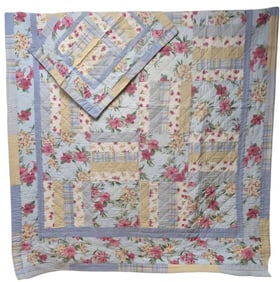 Vintage Blue Floral Patchwork Quilt and Pillow Sham