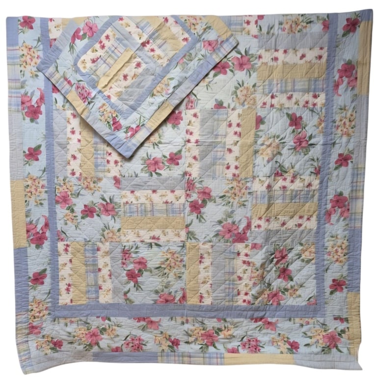 Vintage Blue Floral Patchwork Quilt and Pillow Sham (1 of 11)