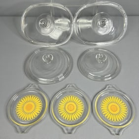 Pyrex Lid Lot Set of 7 Daisy sunflower lids 470 significant wear on top. No chips or