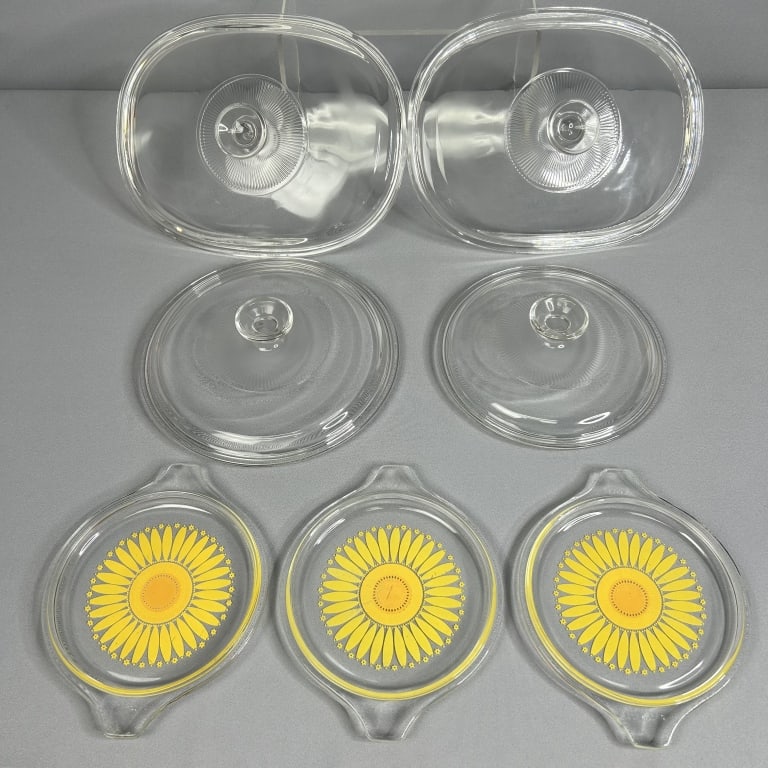 Pyrex Lid Lot Set of 7 Daisy sunflower lids 470 significant wear on top. No chips or: Daisy sunflower lids 470 significant wear on top. No chips or cracks. All four clear lids have no chips or cracks. Pyrex round lid, 2 G 5 Pyrex round lid, 20 1.5 Qt oval lids 08,09