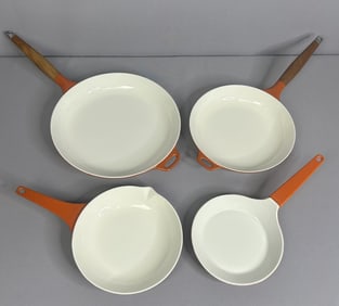 MCM Orange Capco Enameled Cast Iron Pans Set of 4 12 in MCM, 10in, 8 in, 7.5 in all in like new