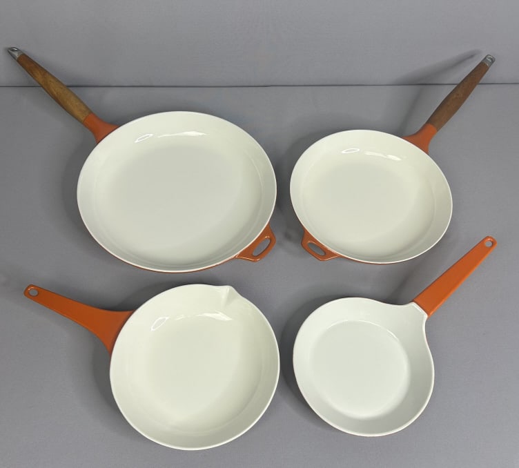 MCM Orange Capco Enameled Cast Iron Pans Set of 4 12 in MCM, 10in, 8 in, 7.5 in all in like new (1 of 8)