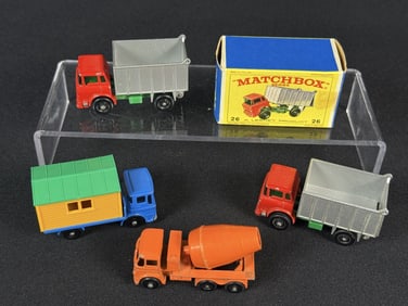 4 Lesney Matchbox 26 Cement 26 Tipper 60 Truck With one original tipper top box. Some playwear on