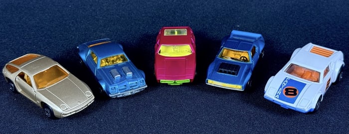 Vintage Lesney Matchbox SuperFast Diecast Car Lot Five cars.#4 Pontiac Firebird, #8 De Tomaso