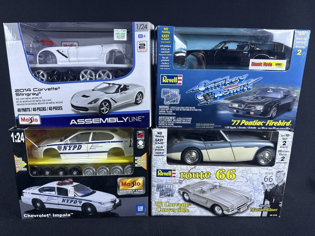 Diecast 1/24 Model Kits Corvettes Firebird Police Not thoroughly inspected or inventoried for parts.: Not thoroughly inspected or inventoried for parts. ‘62 Corvette has been opened and assembled. Police car box has been opened. 10 x 6 x 4 inches each.